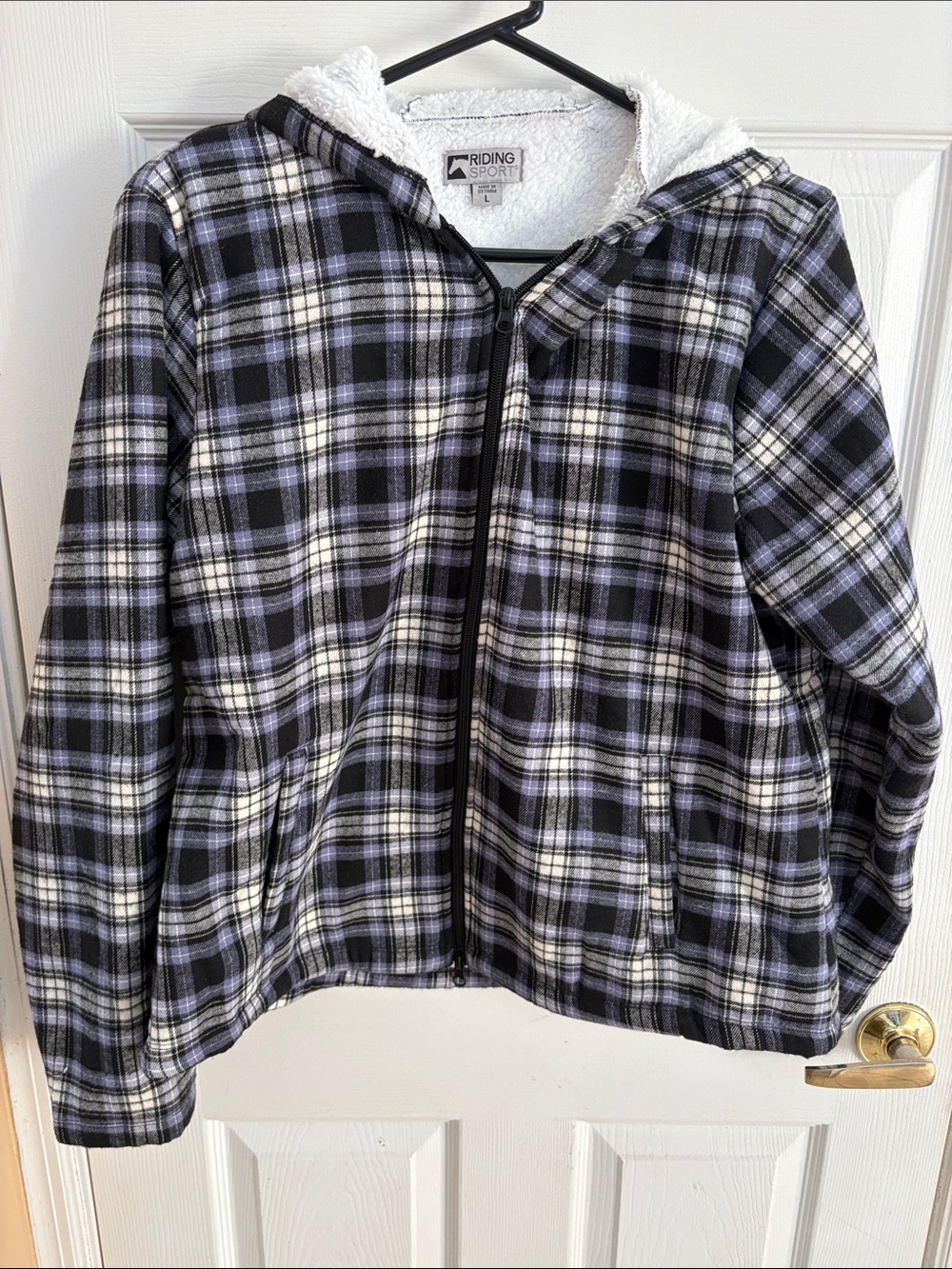 Riding Sport equestrian hooded Plaid full-zip Jacket size large black/lavender